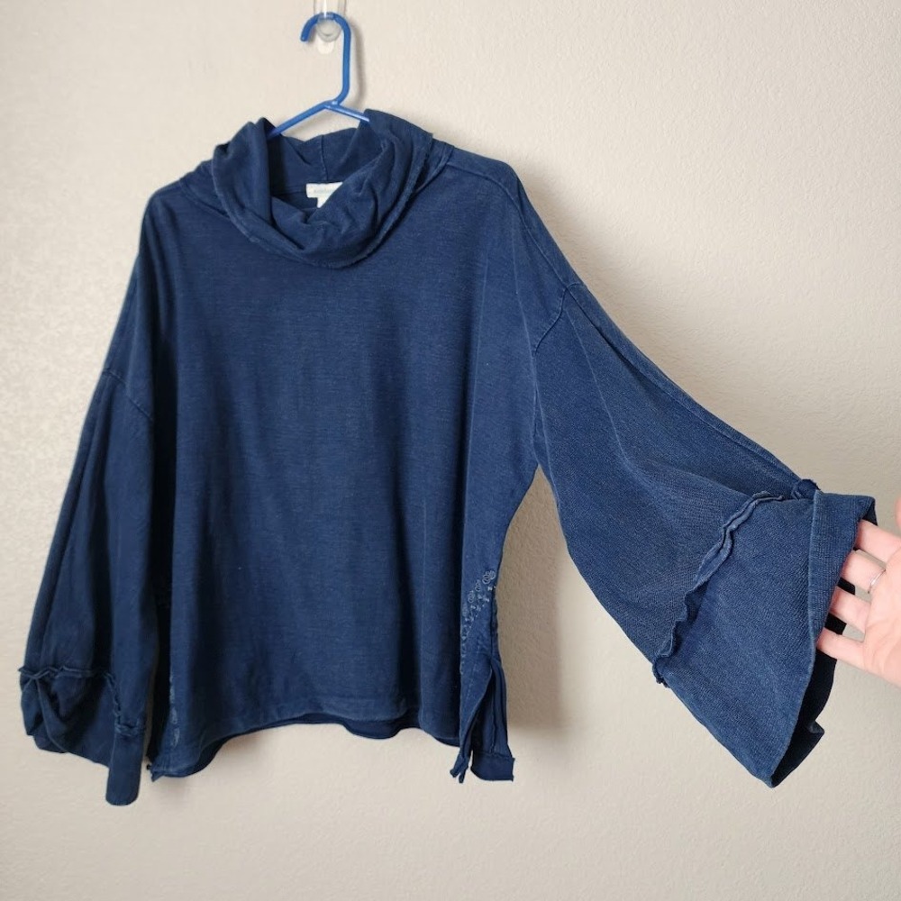 SUNDANCE Blue Boho Cowl Neck Tunic Wide Bell Sleeve Top lagenlook S - Picture 3 of 8